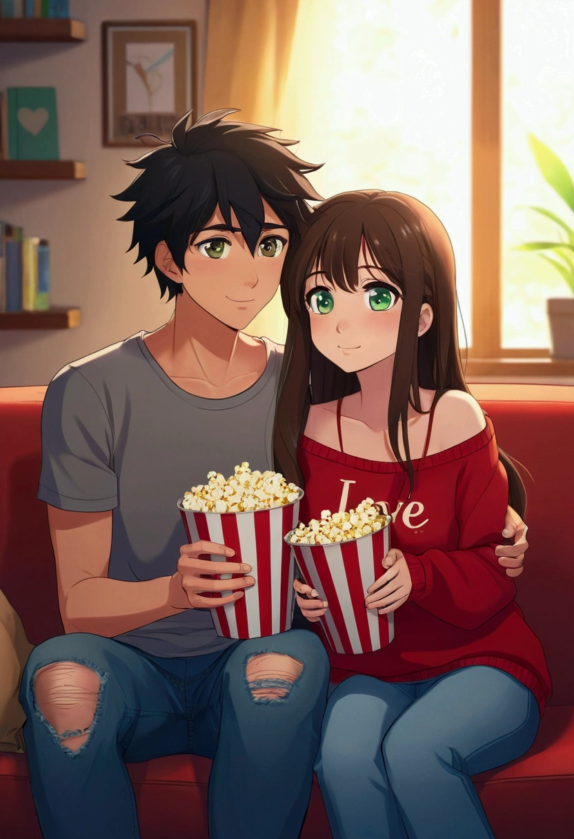 Create a Japanese anime style landscape image. Digital illustration in an anime style featuring two characters sitting closely on a couch. The layout is centered, with both characters occupying the majority of the frame. The male character has tousled dark hair, green eyes, and a light skin tone, wearing a casual grey t-shirt and ripped jeans. The female character has long, straight brown hair, blue eyes, and a light skin tone, dressed in a red off-shoulder sweater with the word 'LOVE' printed on it. Both are smiling warmly and holding striped red and white popcorn buckets. The background includes a well-lit room with a bookshelf, framed pictures, and a potted plant, adding a cozy atmosphere to the scene.