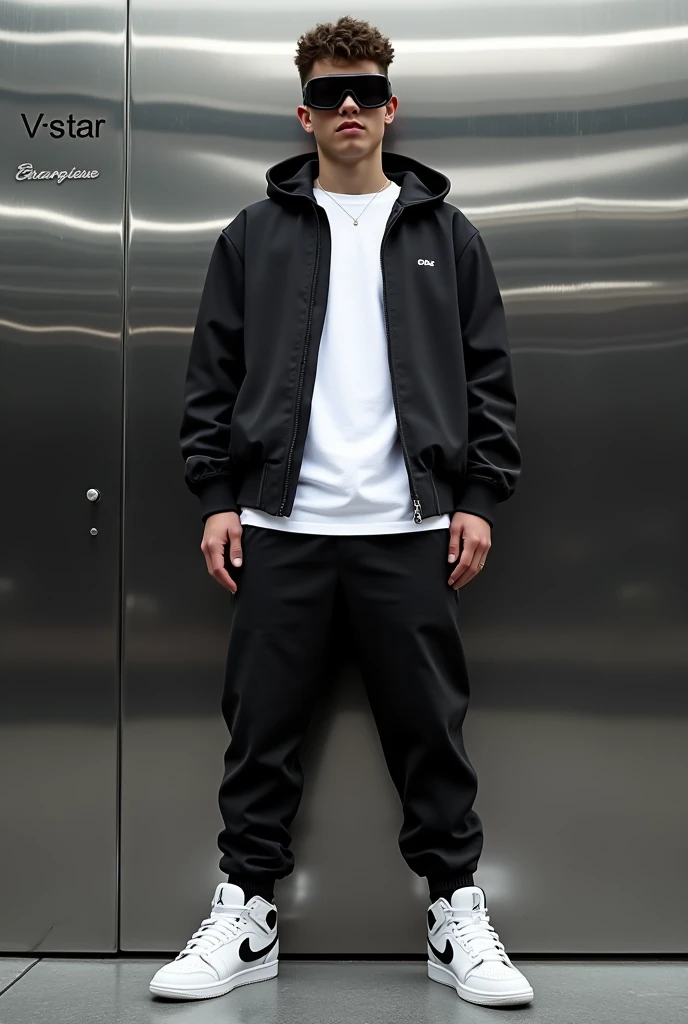 A boy wear white t shirt and black jacket and black pant and air joden shoes and wear black gogles stand a glossy wall print a name vstar