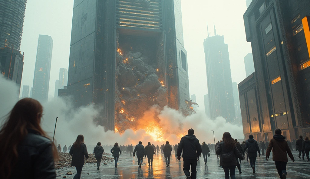 Building in 2024 destroying and people running
