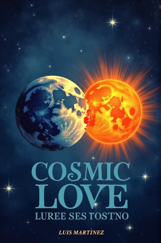 Cover of a book with a starry sky in the background and the moon and the sun kissing, with the title in Spanish "Cosmic Love" and the author Luis Martinez at the bottom of the page