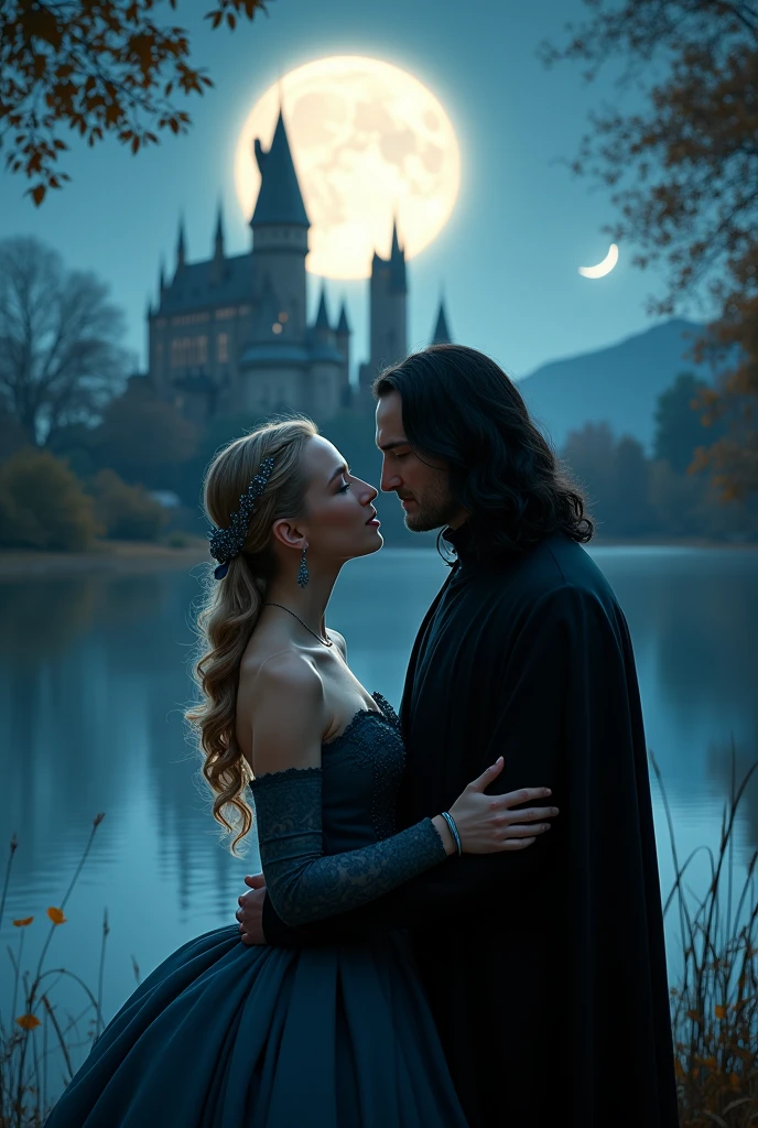 couple posing for a photo in front of a lake, severus snape from harry potter, girl in indigo victorian dress beautiful couple, look each other in the eye, hogwarts, night, moon, glare, 8 K)), Kim Do-yeon, 🚿🗝📝, Jinyoung Shin, 🍁 Cute, couple pose, ❤🔥🍄🌪, nostalgic 8 K, With a bang, Bae Suzy, ✨🕌🌙, 4k post, 4k post, Oljan