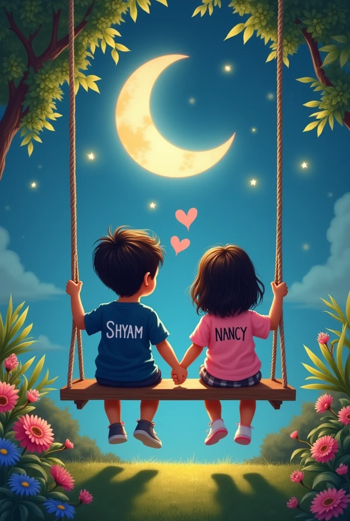 there are a couple both are 2, sitting in front on a swing in the beautiful garden view, they are wearing a navy blue and pink hoodie,boy with name SHYAM, write on it,girl with name NANCY, write on it ,lovely couple, sitting on a moon, heart emoji,holding hands in the moonlight hyper realistic art painting detail image