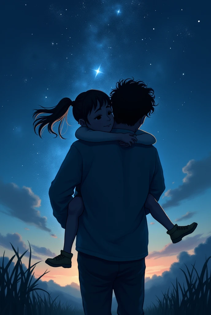 a  is piggy back riding her father while they are outside and it's a night time full of stars in the sky. make it an art style like painting and silhouette. atleast 1:1 size photo.