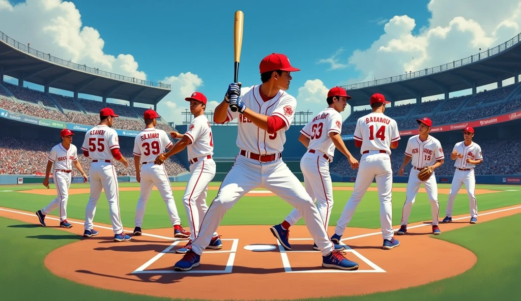 Painting of a baseball player holding a bat during a baseball game, Inspired by Kinichiro Ishikawa, jc leyendecker and sachin teng, Rob Rey and Kentaro Miura style, Huang Shen, by Liang Kai, Sachten&#39;s Style, by Cui Zizhong, Zhou Fang, Shen Quan,There are 9 baseball players, 20 years old, and they are Korean stars.