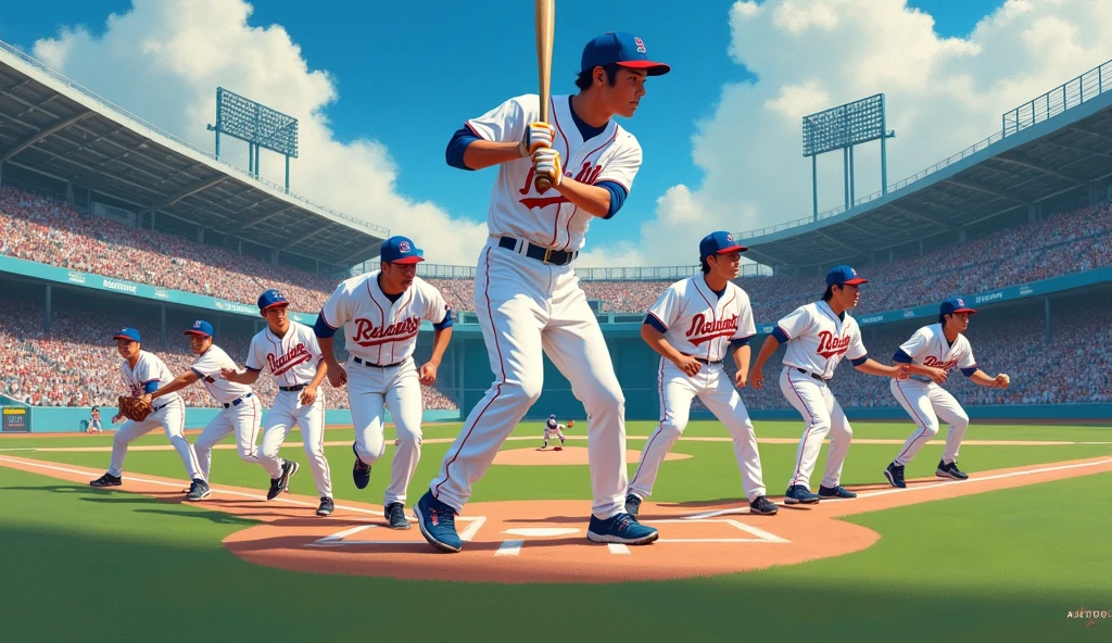 Painting of a baseball player holding a bat during a baseball game, Inspired by Kinichiro Ishikawa, jc leyendecker and sachin teng, Rob Rey and Kentaro Miura style, Huang Shen, by Liang Kai, Sachten's Style, by Cui Zizhong, Zhou Fang, Shen Quan,There are 9 baseball players, 20 years old, and they are Korean stars.