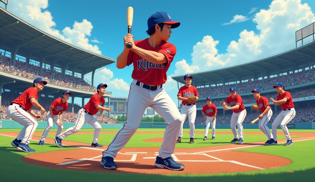 Painting of a baseball player holding a bat during a baseball game, Inspired by Kinichiro Ishikawa, jc leyendecker and sachin teng, Rob Rey and Kentaro Miura style, Huang Shen, by Liang Kai, Sachten&#39;s Style, by Cui Zizhong, Zhou Fang, Shen Quan,There are 9 baseball players, 20 years old, and they are Korean stars.