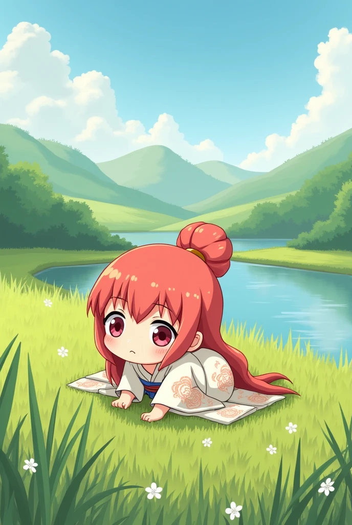 Naruto. A chibi girl with long red hair wearing a kimono is farming (planting rice, holding fruit...) or lying on the grass (cover image)