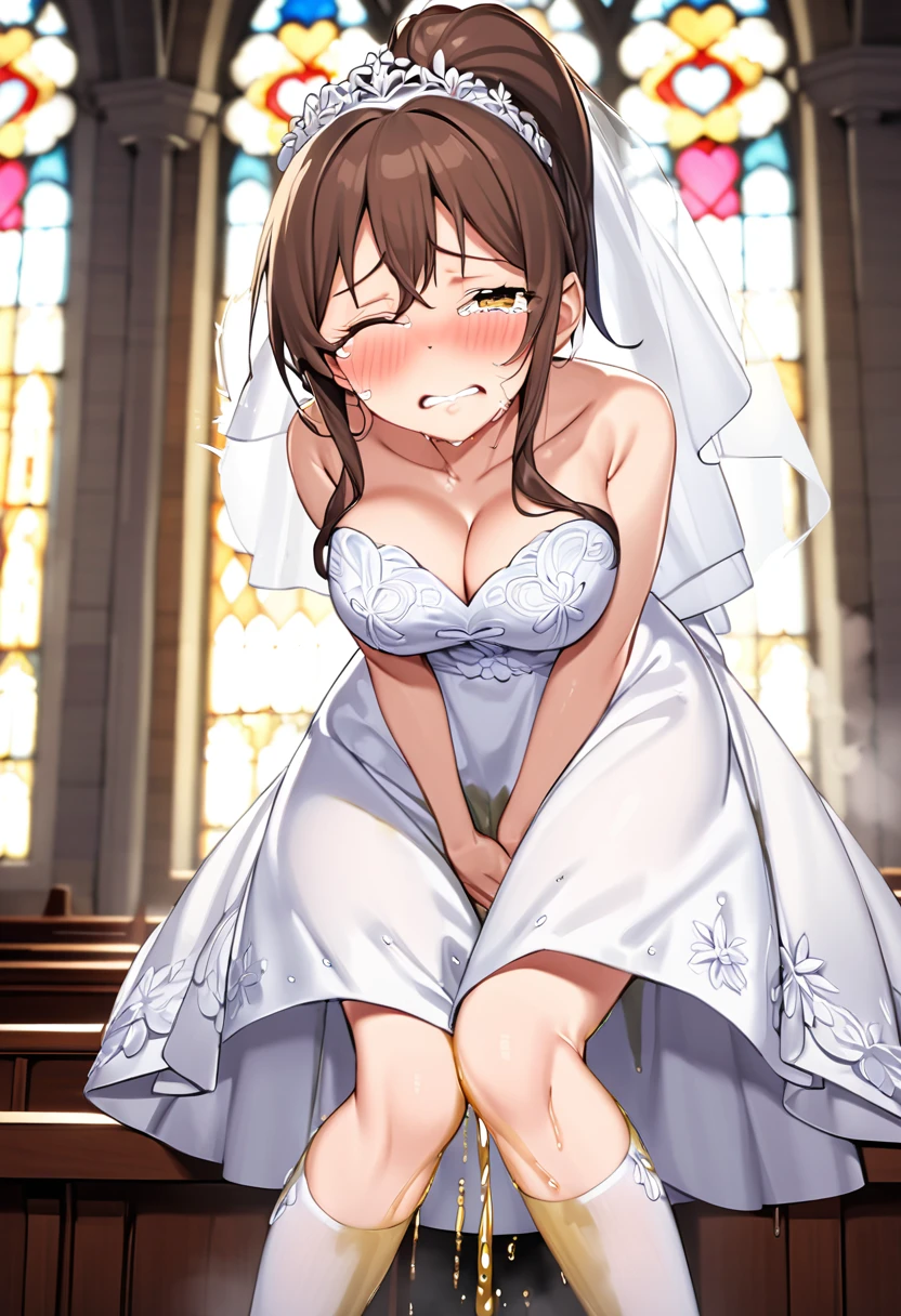 NSFW, (masterpiece, top quality, best quality, highly detailed:1.6), anatomically correct,(Wedding dress:2.5),(church:2), (standing:2.5),(leaning forward, hands between legs:2), (Touching crotch, holding crotch:3), (close knees, pee running down legs:2.5), (((clutching crotch))), (full body), wide shot, long shot, strong facial expression, (sharp eye:1.2), (scowl:1.1), (embarrassed,blush:1.3), (steam:2.9), (Wet:1.1), (sweat:1.1), (trembling:2.3), (open mouth, wavy mouth:1.4),(drooling:2.2), (clenched teeth:1.7),(tears:3), (half open eyes:3.9), (one eye closed, Wink:2.1), (feeling weak:1.5), (bravery crying, sobbing:1.5), (shoot from front, looking at viewer:1.2), colorful, ((indoor)), (Ponytail, very long hair, Dark brown hair, Extra long hair:1.5), (Round Glasses:0.3),(high-heels:1.5), (woman trembling with sexual climax), urination, piss, peeing self, A lot of pee, large breasts, (((pee stream))), (pee puddle), pee stain, peeing, blush, embarrassed, Are crying, Yellow pee, ((leaking pee)), Shaking one's shoulders, Breaking a sweat on forehead, Wetting self, puddle of pee, Pee at your feet, Pee spread on the floor, Pee stains, Dripping pee between my legs, Feet Wet from pee, Pee-covered feet, Pee at your feet, want to pee, about to pee, Full bladder, Pee-soaked high-heels, Pee-soaked socks, The limit of holding in pee, A big pee, Pleasant pee, a big puddle of urine at my feet, can't stand it and urinate, can't stand peeing, Non-stop peeing, Unstoppable peeing, panty Wet with pee, can't make it to the toilet in time and I pee, A pleasant feeling of urination after holding it in to the limit,Pee-soaked dress, Pee-soaked thighs,Pee-soaked hands, natural makeup,