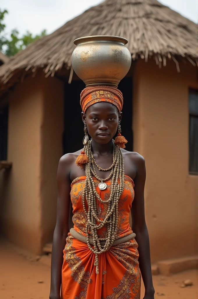 Generate a full portrait image of an African igbo lady of 2 light in complexion and very beautiful standing infront of a village hut dressed in Igbo attire and with a pot of water on her head
