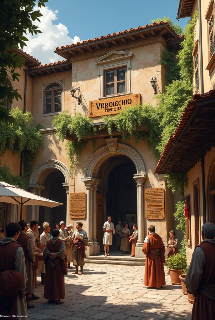 A huge art workshop studio outdoor with the name Andrea del Verrochio written on the door in 1410