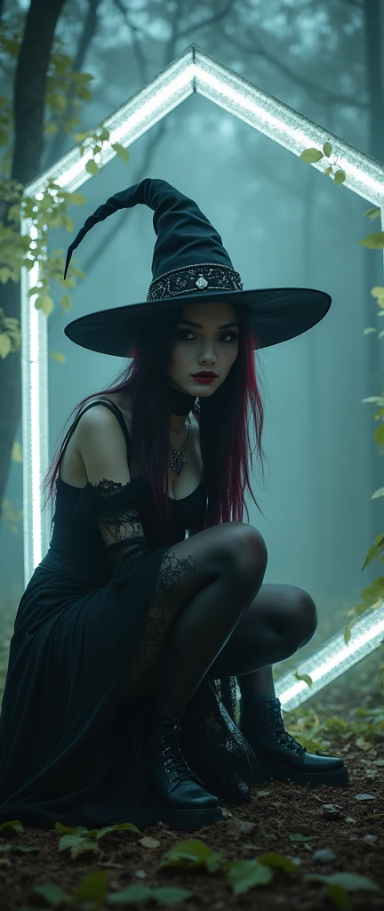 a stylish emo pale witch gothic woman wickes smile evil smirk crouched in dark foggy enchanted forest around glowing hex circle magic, witch hat, black velvets, lace, fishnets and leather tinged with scarlet or purple, accessorized with tightly laced corsets, gloves, platform boots and silver jewellery depicting occult themes