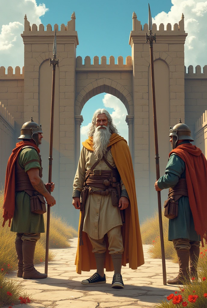 White bearded man wearing ash-stained converse in front of the Persian gate, add two soldiers holding spears in front of the gate also add vibrant colors