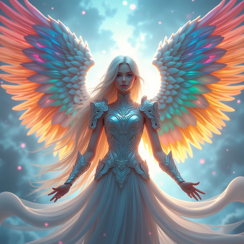 celestial angel, (((Has 3 pairs of 6 wings:1.8)))、6 colorful wings、Colorful and multicolored feathers、rainbow gradient feathers、Bright and clear eyes, strange, Elegant、powerful, Very bright color, Particles of light, In bright light, Musif, Long Hair, Shining Armor, Wallpaper Art, UHD wallpaper