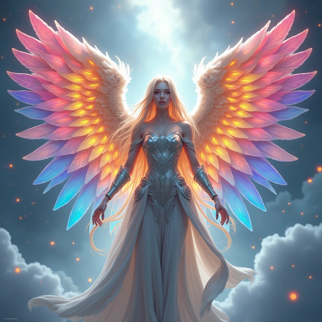 celestial angel, (((Has 3 pairs of 6 wings:1.8)))、6 colorful wings、Colorful and multicolored feathers、rainbow gradient feathers、Bright and clear eyes, strange, Elegant、powerful, Very bright color, Particles of light, In bright light, Musif, Long Hair, Shining Armor, Wallpaper Art, UHD wallpaper