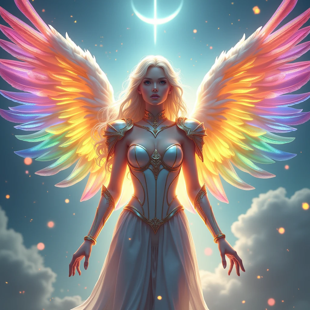 celestial angel, (((Has 3 pairs of 6 wings:1.8)))、6 colorful wings、Colorful and multicolored feathers、rainbow gradient feathers、Bright and clear eyes, strange, Elegant、powerful, Very bright color, Particles of light, In bright light, Musif, Long Hair, Shining Armor, Wallpaper Art, UHD wallpaper
