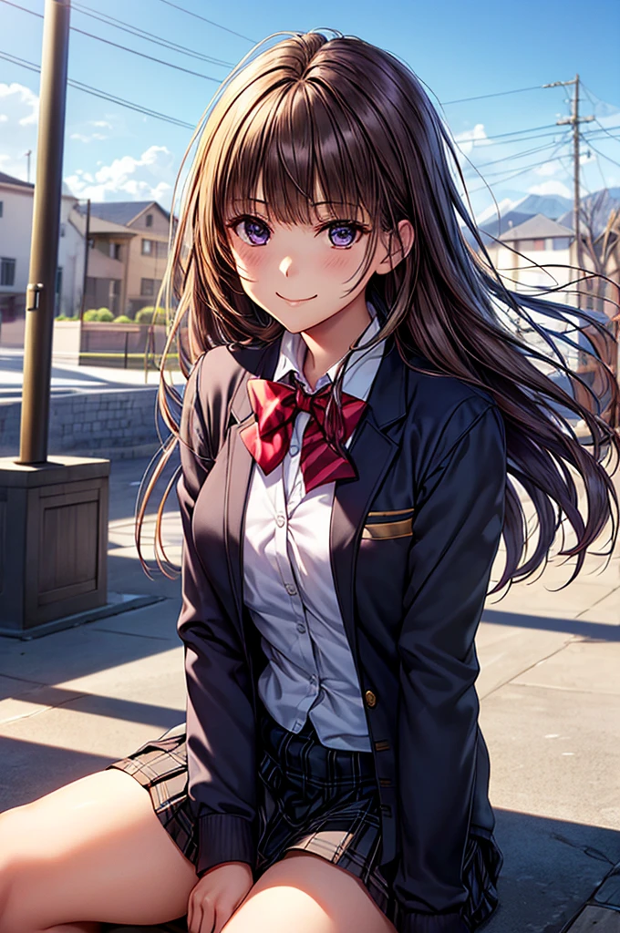 (masterpiece:1.5, Highest quality), Realistic:1.2), Beautiful illustrations, (Natural Side Lighting, Cinema Lighting), , View your viewers, 1 person, Japanese, high school girl, Perfect Face, Cute and symmetrical face, Glowing Skin, (Long Hair:1.5, Straight hair:1.4, Light brown hair), Blunt bangs, Swept-apart bangs, Big eyes, Droopy eyes, Purple eyes, Long eyelashes, (Medium chest), thin, Beautiful Hair, Beautiful Face, Beautiful attention to detail, Beautiful clavicle, Beautiful body, Beautiful breasts, Beautiful thighs, Beautiful feet, Beautiful fingers, ((Red bow tie, school uniform, Black jacket, Open jacket, Brown cardigan, White shirt, Black Skirt, Checked skirt)), smile,School Grey Knee High Socks), (Beautiful views), evening, (Outdoor),, Are standing, (かわいらしいsmile, Upward glance),