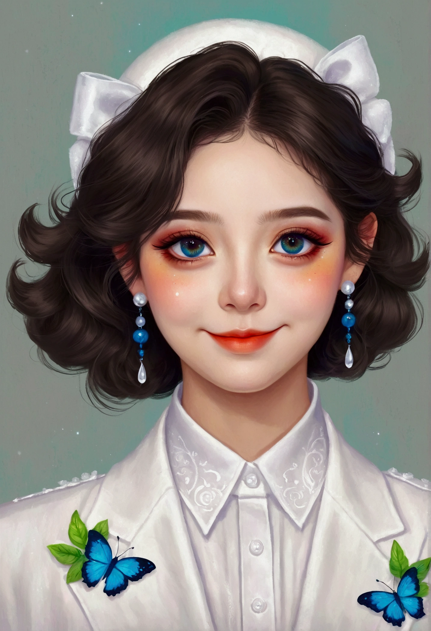 Digital Art Girl Portrait,Smile,solitary,symmetry,Gradient hair,Colorful big eyes,Fashionable and exquisite facial features,Exquisite makeup,White work clothes,Clean and simple background