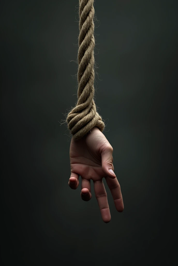 Hand suspended in the air, with a rope around the fingers hanged