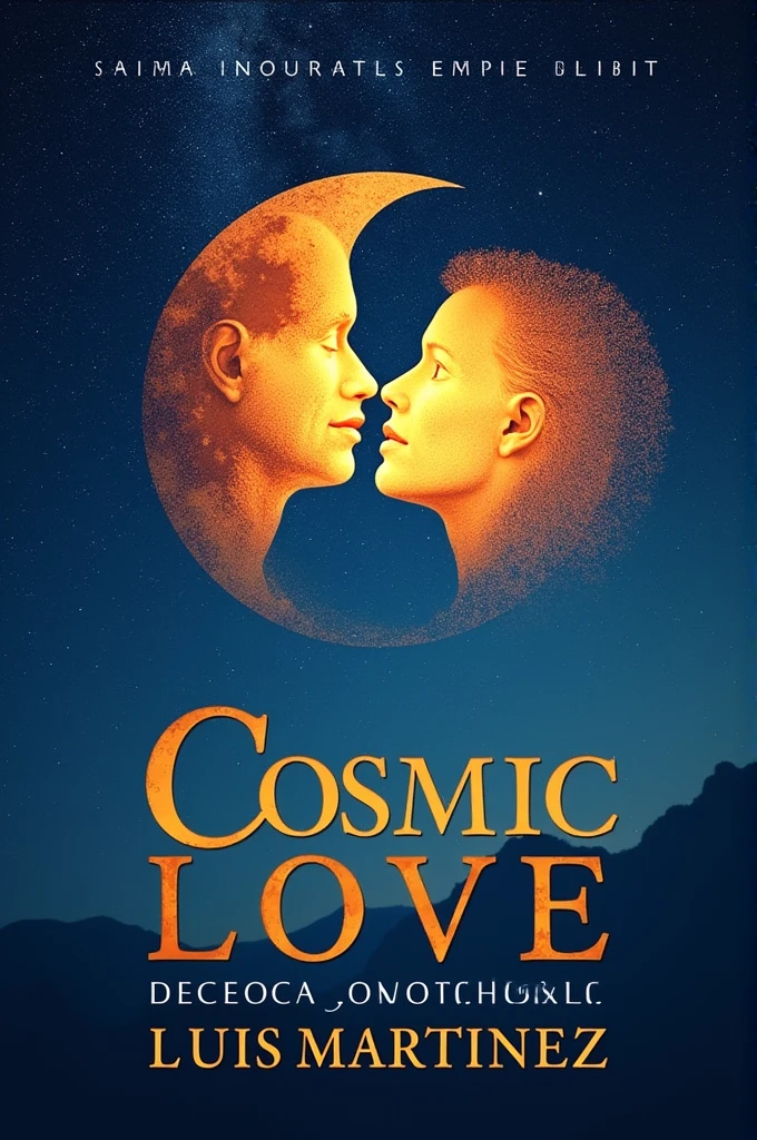 Cover of a book with a starry sky in the background and the moon and the sun kissing, with the title in Spanish &quot;Cosmic Love&quot; and the author Luis Martinez at the bottom of the page 