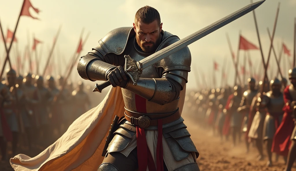 "A highly realistic, high-contrast, 8K HD, detailed, hyper-detailed image of the Crusader protagonist in full focus as he powerfully swings his sword downward on the battlefield. The protagonist is clad in steel armor with a red cross prominently displayed on his chest, his face showing intense determination. The background is a chaotic battlefield, but the focus remains on the protagonist, capturing the moment of impact as his sword slices through the air. The atmosphere is filled with tension and energy, with dust and debris swirling around, adding to the drama of the scene. The image is of the highest quality, with ultra-high resolution, RAW photo quality, and Unreal Engine rendering, highlighting the strength and resolve of the protagonist as he fights with unwavering determination."