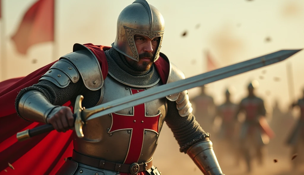 "A highly realistic, high-contrast, 8K HD, detailed, hyper-detailed image of the Crusader protagonist in full focus as he powerfully swings his sword downward on the battlefield. The protagonist is clad in steel armor with a red cross prominently displayed on his chest, his face showing intense determination. The background is a chaotic battlefield, but the focus remains on the protagonist, capturing the moment of impact as his sword slices through the air. The atmosphere is filled with tension and energy, with dust and debris swirling around, adding to the drama of the scene. The image is of the highest quality, with ultra-high resolution, RAW photo quality, and Unreal Engine rendering, highlighting the strength and resolve of the protagonist as he fights with unwavering determination."