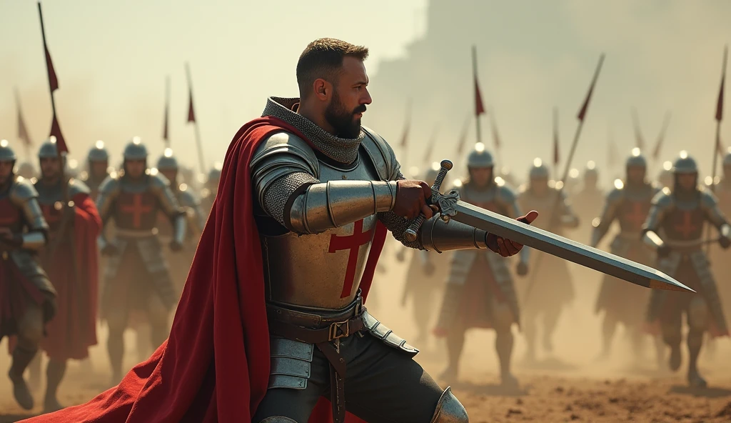 "A highly realistic, high-contrast, 8K HD, detailed, hyper-detailed image of the Crusader protagonist in full focus as he powerfully swings his sword downward on the battlefield. The protagonist is clad in steel armor with a red cross prominently displayed on his chest, his face showing intense determination. The background is a chaotic battlefield, but the focus remains on the protagonist, capturing the moment of impact as his sword slices through the air. The atmosphere is filled with tension and energy, with dust and debris swirling around, adding to the drama of the scene. The image is of the highest quality, with ultra-high resolution, RAW photo quality, and Unreal Engine rendering, highlighting the strength and resolve of the protagonist as he fights with unwavering determination."