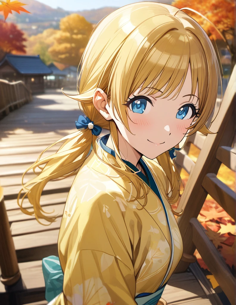 (masterpiece),(Highest quality),(Very detailed),(Best illustrations),(Best Shadow),(Absurd),(Detailed Background),(so beautiful), 
official style,
Hachimiya Meguru, 
the idolmaster shiny colors,
blonde,
Low Twintails,
Blue Eyes, 
Beautiful eyes in every detail,
chest,
A kind smile,
blush,
(Yellow Kimono 1.5),
alone,
Japan,
autumn,
Outdoor,
autumn leaves,
Wooden bridge,
Hot Spring Town,
Background Blur, 
Close-up shot,
focus on face,
realistic skin,