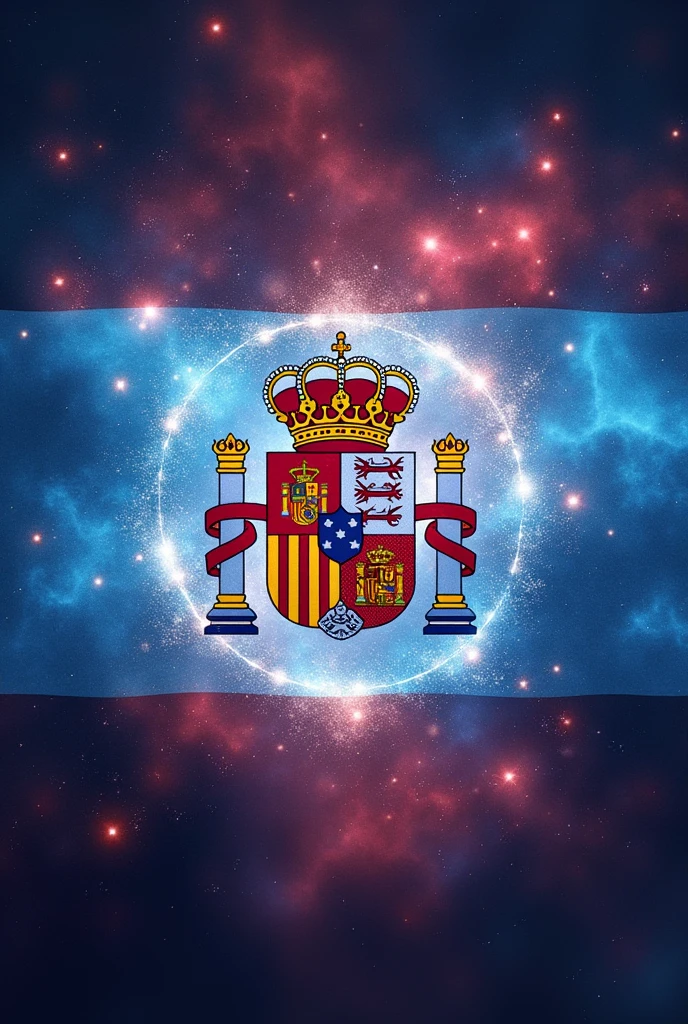 Make a flag with 3 stripes , using white in each stripe, cerulean, and red on each stripe , and in the middle of the flag, place the model of the symbol that is on the Spanish flag , but in the middle where there is the symbol of Spanish royalty , place the procyon stars , betelgeuse e Sirius, with star shapes and beautiful and with their original colors.