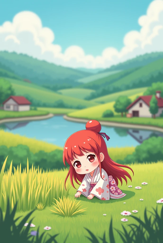 Naruto. A chibi girl with long red hair wearing a kimono is farming (planting rice, holding fruit...) or lying on the grass (cover image)