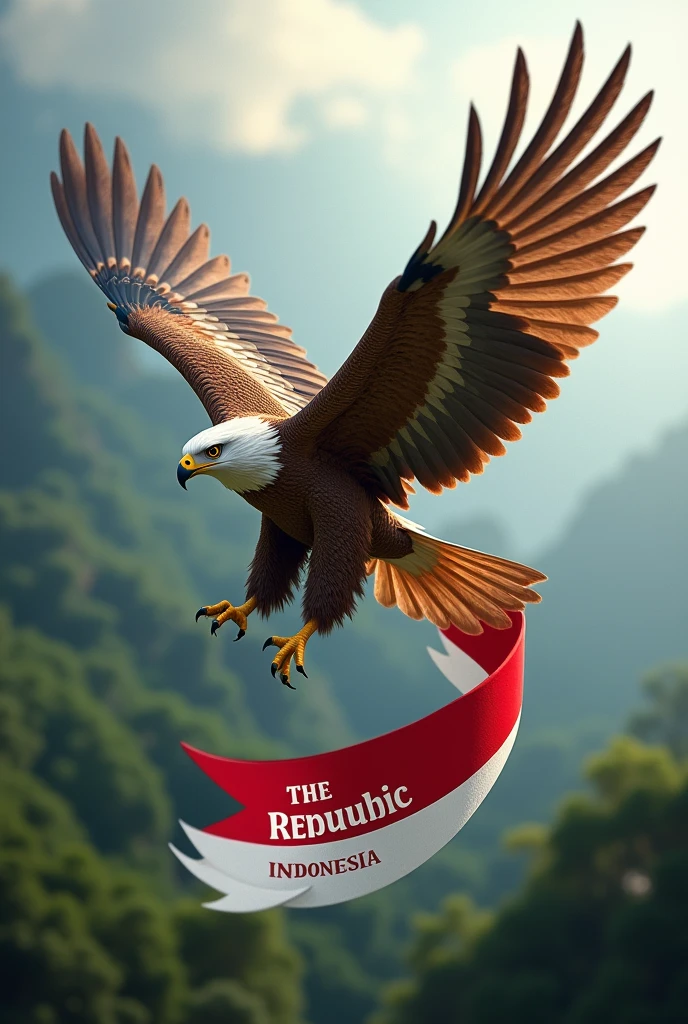 Eagle. flap its wings. a red and white ribbon sash that says the Republic of Indonesia