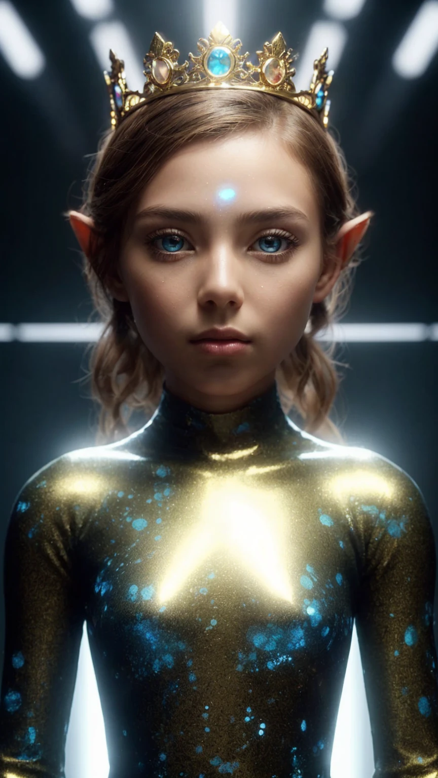 Full image in the distance. Beings of light, omoids, with human-like faces, but with very small round eyes and pointed ears, with brown hair, they wear tight olive green outfits with blue glitter spot prints, they wear a golden crown, there is a seal that shines on their outfit. They are standing on a shiny black floor in a luxurious space. Photorealism, full view, very detailed image, very realistic, hyperrealism, cinematography, Ultra HD, 8k, Unreal Engine 5, sharp focus, intricate and mysterious masterpiece. (Long exposure photography Artistic illustration close-up portrait very detailed: final quality, medium shot, backlight, Rich and striking. Enigmatic and mysterious manipulations (composition of the rule of thirds), ((detailed environment with strong lines) The best quality, in camera, white light, warm and clean aesthetics, dazzling screen composed of millions of brilliant ultraviolet rays, HDR.