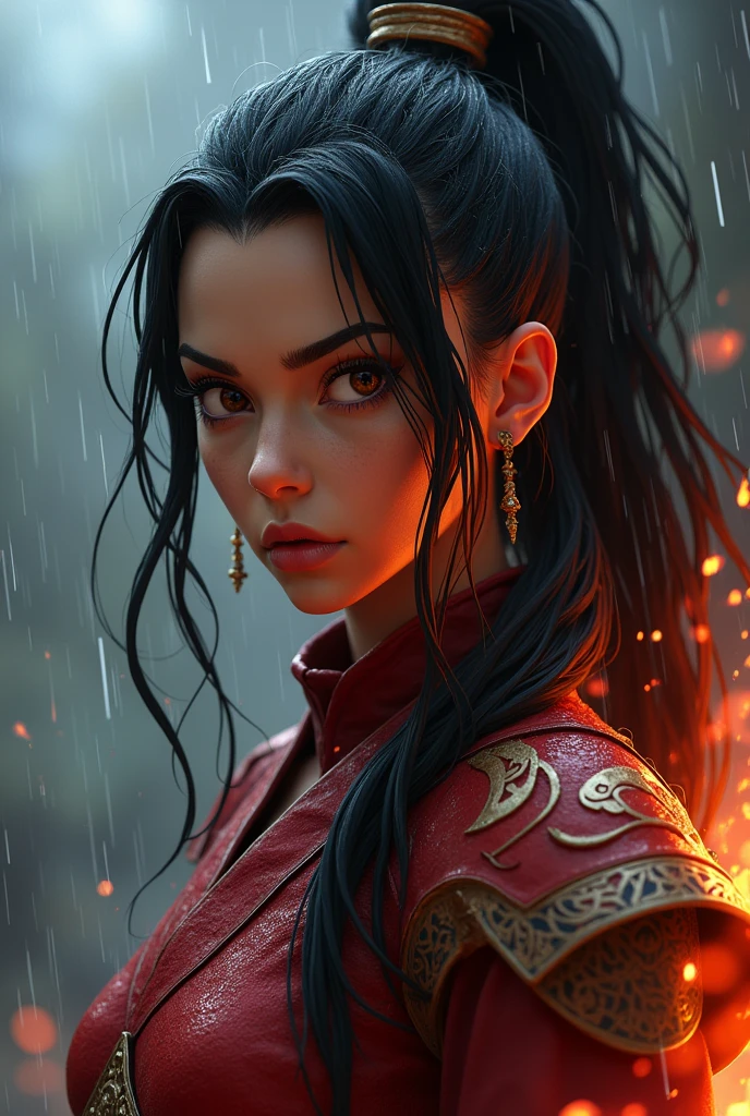 Close-up shot of Princess Azula from the Fire Nation, wearing her battle armor. She is standing under the rain, with a focused and intense expression. The rain is dripping down her armor and face, highlighting her sharp features and the fiery aura she exudes even in the midst of the storm. The background is blurred, emphasizing her powerful presence and the detailed design of her armor.