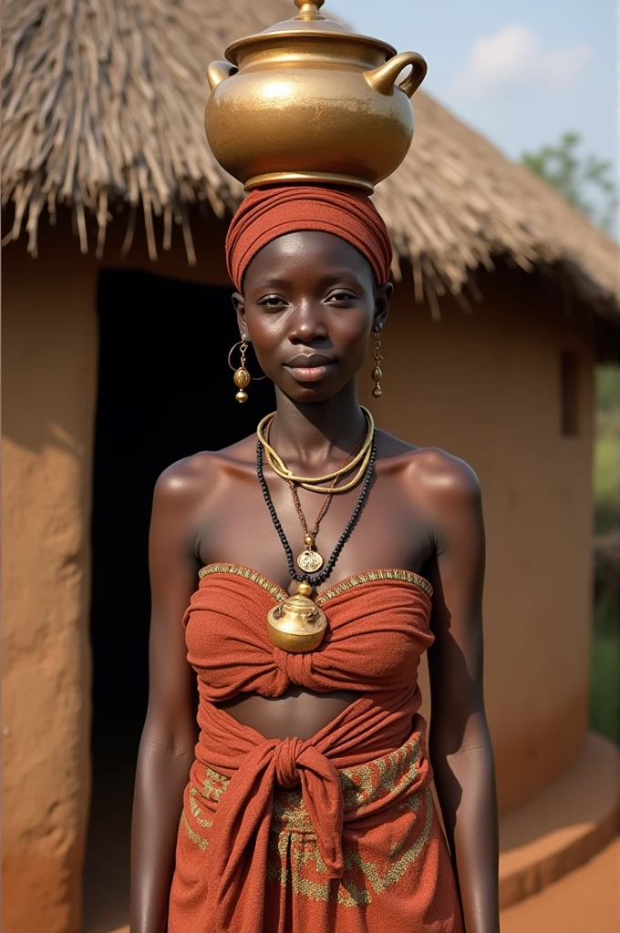 Generate a full portrait image of an African igbo lady of 2 light in complexion and very beautiful standing infront of a village hut dressed in Igbo attire and with a pot of water on her head