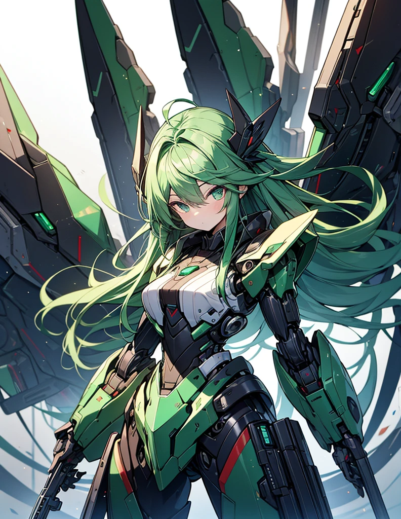 Highest quality Long Hair woman Emerald green hair Different colored eyes Mechanical suit Looking at this Mechanical Wing Have a big gun cool