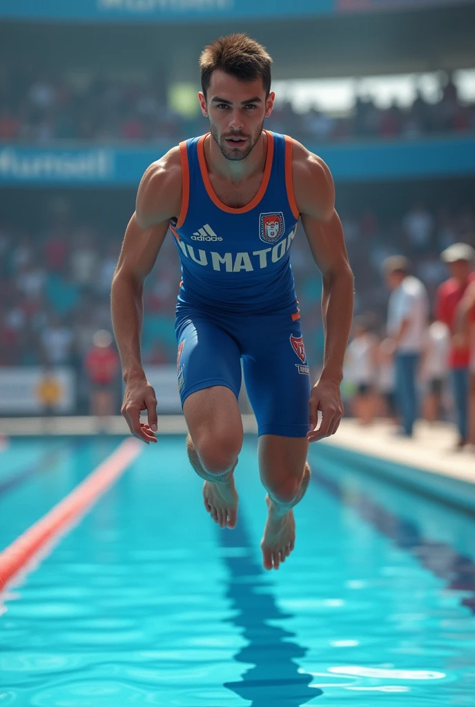 College man about to jump into the pool at a competitive swimming meet wearing blue munsell sportswear, from UPAL University in the country of Bolivia.