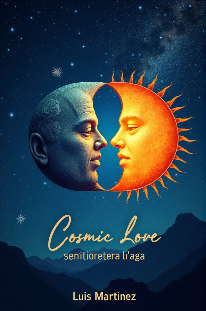 Cover of a book with a starry sky in the background and the moon and the sun kissing, with the title in Spanish "Cosmic Love" and the author Luis Martinez at the bottom of the page