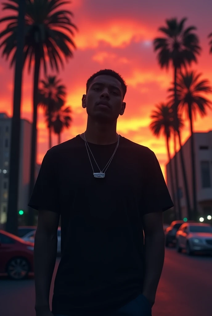 A barely visible man with a discreet silver necklace on a street with palm trees. In the background a red orange violet sunset 