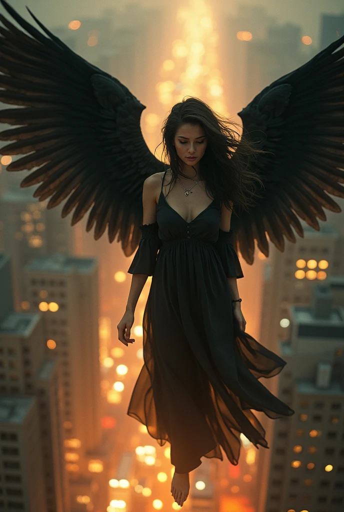 The image depicts a female angel floating above a city at night.。. The city lights shine golden、Create a dramatic atmosphere, Its delicate presence and black feathers contrast with the urban environment.。. Women seem protective and cautious.