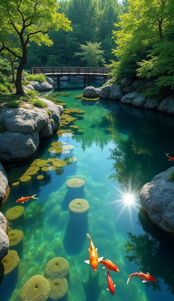 (masterpiece:1.2,Highest quality,Ultra-high resolution,Very detailed,Realistic,Ultra-high resolutionのカメラ),8k,wallpaper,(Photographing the pond from above),(Detailed depiction of the pond bottom without surface reflections.:2.0),sunny,Japanese garden,Serene landscape,healing