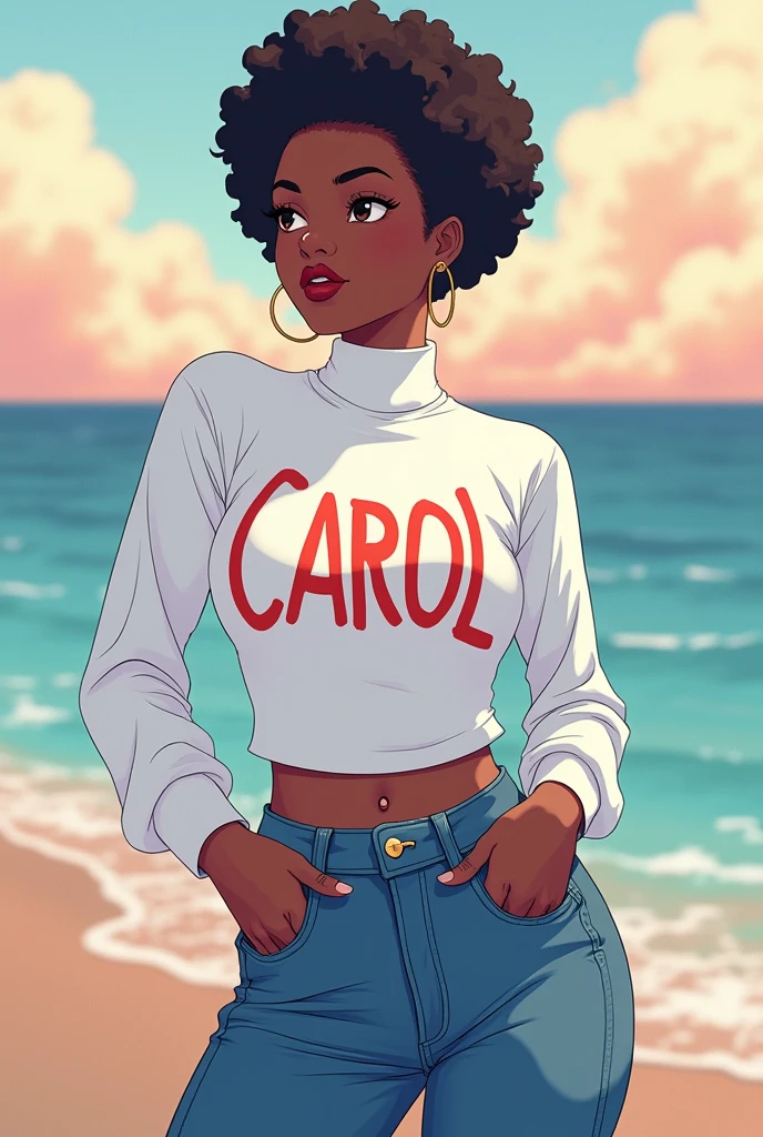 Black character, white turtleneck shirt with the name Carol in capital letters, blue jeans, white sneakers, anime theme