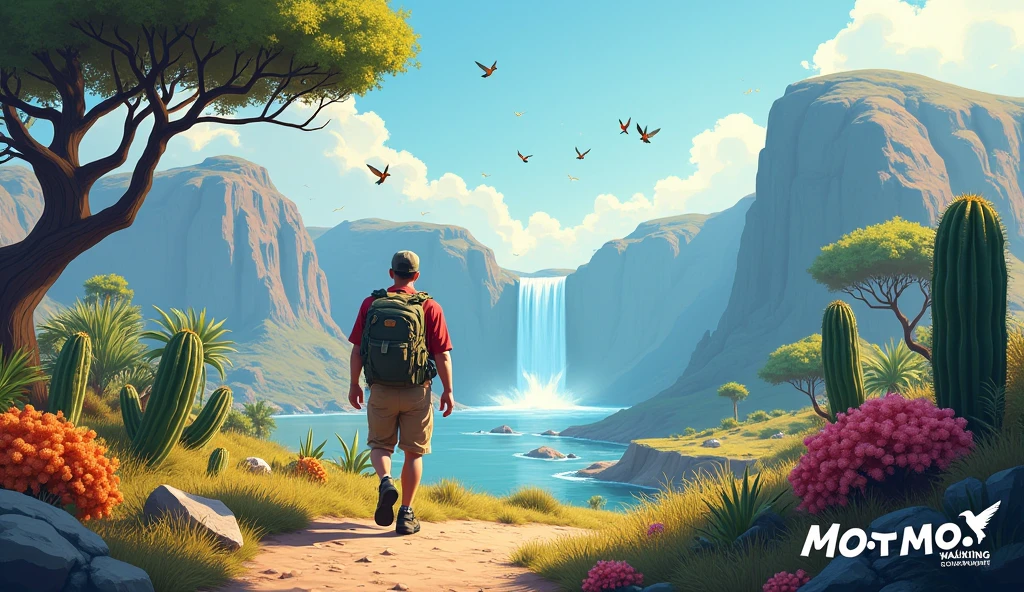 Man walking in hiking clothes left below, Next to it there is a cactus with flowers and a royal path begins from the left quadrant down to the right quadrant up., The path is long and beautiful and ends at a waterfall.. In the upper left quadrant there is a tree with hummingbirds flying and perched. In the lower right quadrant is the logo of a walking company called Mot Mot.