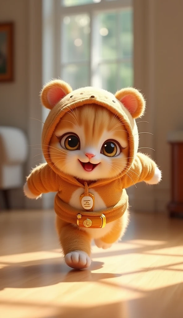 3D cute kitten character、Wearing a happy bear costume、running、Inside the house、masterpiece, Background Blur, shut up., Belt decorated with honey bottles、Highest quality,