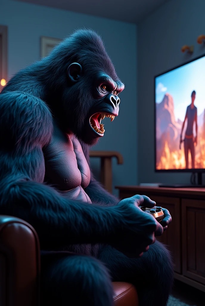 Angry gorilla sitting in chair with playing free fire game
With tv
