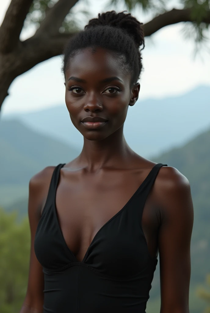 The beauty of a black woman, You are cute, Has beautifully shaped lips and dark skin., Her eyes are a light honey color.., she is very beautiful, perfection , a model. She is known for her classic and elegant beauty.., very lovely woman, Standing tall on the mountain under the tree through her beautiful cleavage.., natural breasts, , Wide and pointed nipples, Prominent Hinoon Hill, Very sexy, The image must be high resolution (16k hard drive) Render in stunning 8K resolution,