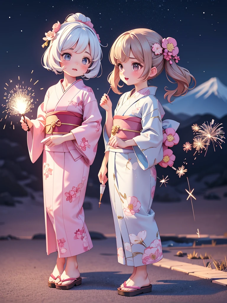 ((petite cute 2girls)), ((cute face)), ((puffy eyes)), ((masterpiece)), ((best quality)), ((ultra detailed)), ((exquisite)), ((depth)), ((crisp)), ((8k)), ((beautiful and aesthetic)), ((super detailed skin)), ((high standard)), ((highres)), (perfect anatomy), (blush), (lipstick), (full body), (nostalgic scenery), (cove, night), (emotional), (yukata), (japanese sparklers)