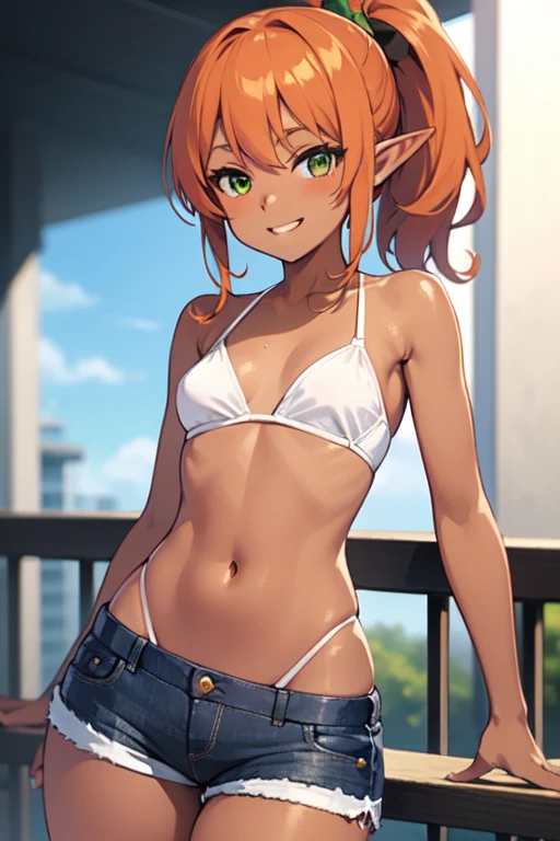 (High definition) (masterpiece), (tanned skin), Young elf girl, wide hips, small , slender body, big thighs, beautiful legs, medium orange hair, green eyes, wearing white bikini top, black jeans shorts, with ponytail, relaxed pose, smiling