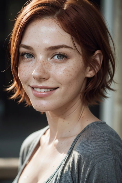 feminine figure, redhead, freckles, best quality, realistic skin texture, smiling, upper body portrait, dimples, photography, detailed facial features, film grain texture and high contrast, extremely high-resolution details, photographic, photorealistic, hyper-realistic, HDR, masterpiece, short hair.
