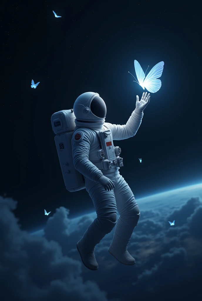 Am astronaut floating in space, he has stretched one of his hand to reach out a small butterfly with glowing wings , there also some butterflies resting around his suit, the glow colour is blue and white , the glowing is not very strong and not very weak to see , there stars behind the astronaut in the background like small white dots . There also space clouds behind the astronaut. And there's planet moin beneath him.