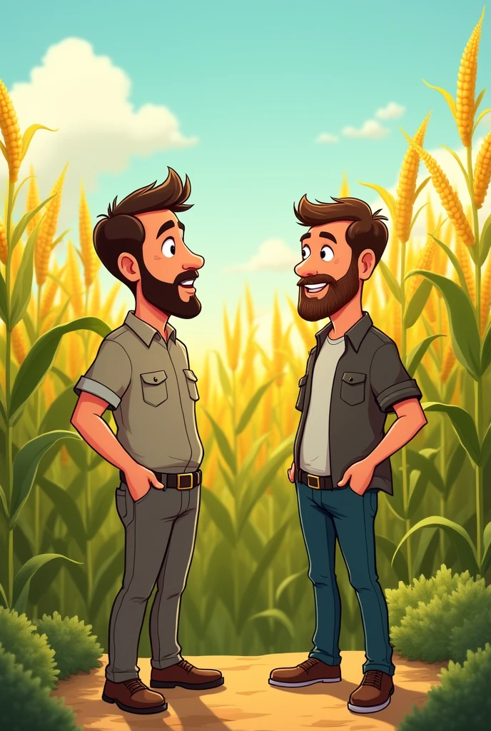 You could create a cartoon about two men talking about a corn field 

