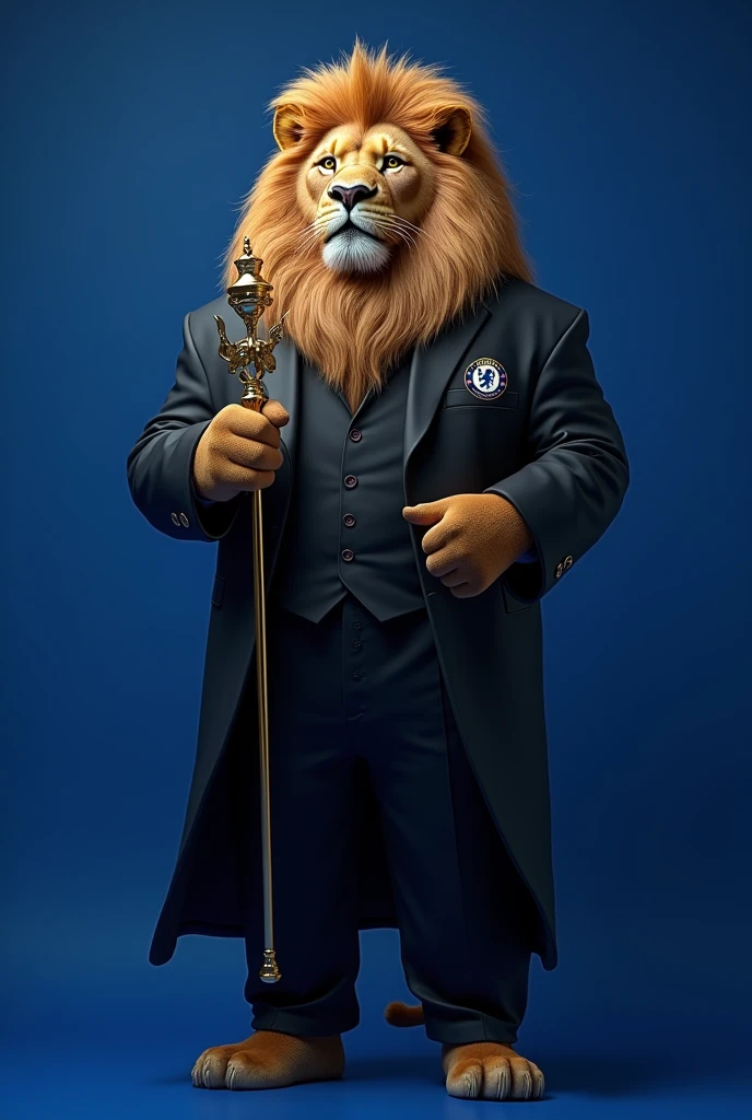 Create an image of a lion in a black suit with the Chelsea football club symbol on the chest in small size . The lion is holding a golden staff. Blue background Chelsea football club. 4k ultra realistic